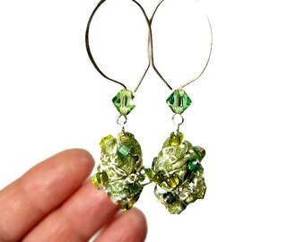 Artisan Light Green Drop Earrings, Fiber Art Jewelry, Sterling Silver Ear Wires