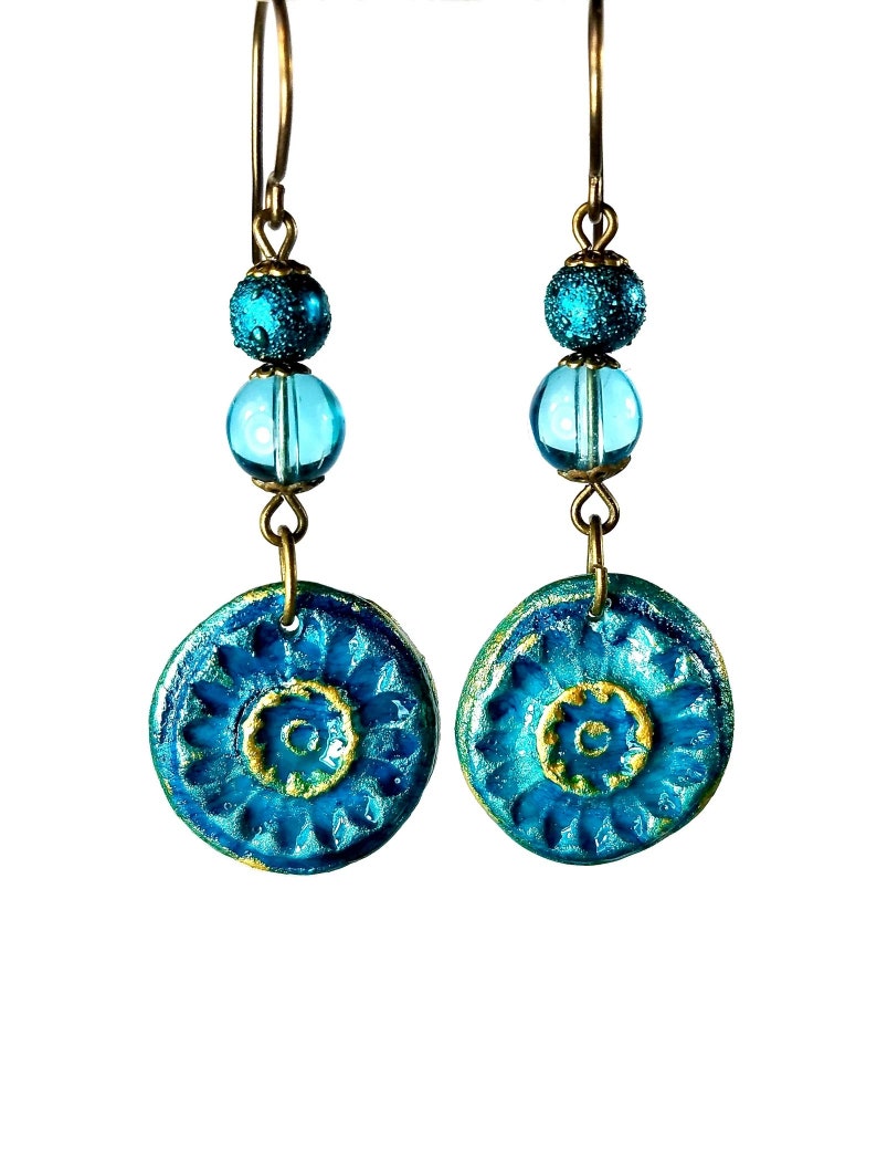 Boho Style Dangle Earrings, Handmade Artisan Clay Jewelry in Purple or Teal Jewel Tones Teal flower