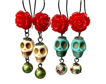 Dia de los Muertos Earrings, Rose and Sugar Skull  Dangles, Day of the Dead Jewelry