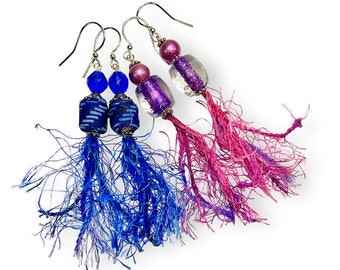 Boho Vegan Feather Earrings, Fuzzy Fiber Art Jewelry