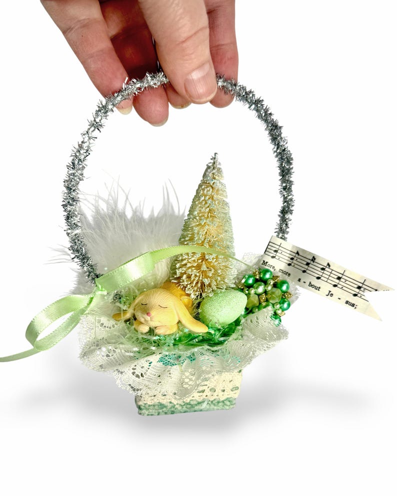 Vintage Inspired Easter Decor, Basket Ornaments with Bunnies in Pastel Colors image 12