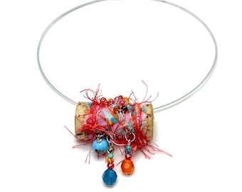 Upcycled Wine Cork Necklace, Boho Fiber Art Jewelry, Statement Pendant
