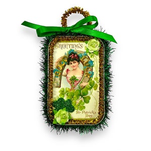 Vintage Style Saint Patricks Day Ornaments, Irish Decorations, Repurposed Tins Greetings-Good Luck