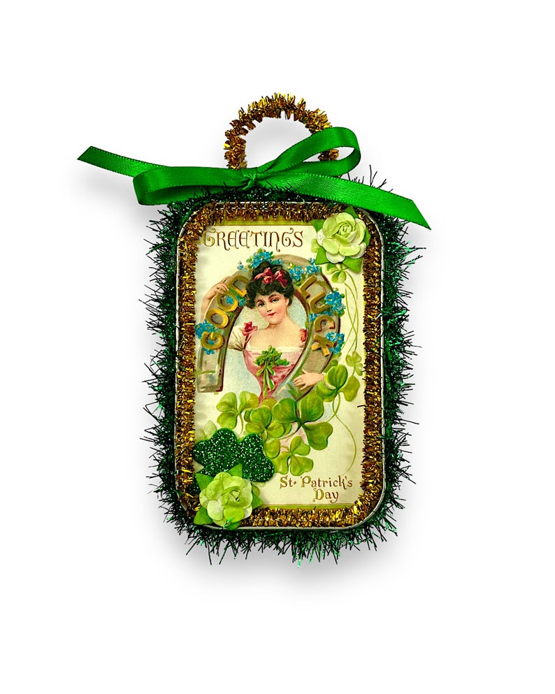 Vintage Style Saint Patricks Day Ornaments, Irish Decorations, Repurposed Tins Greetings-Good Luck