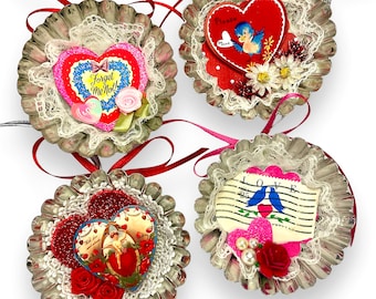 Lacy Valentine Day Gift Ornament, Upcycled Tart Tin Decorations