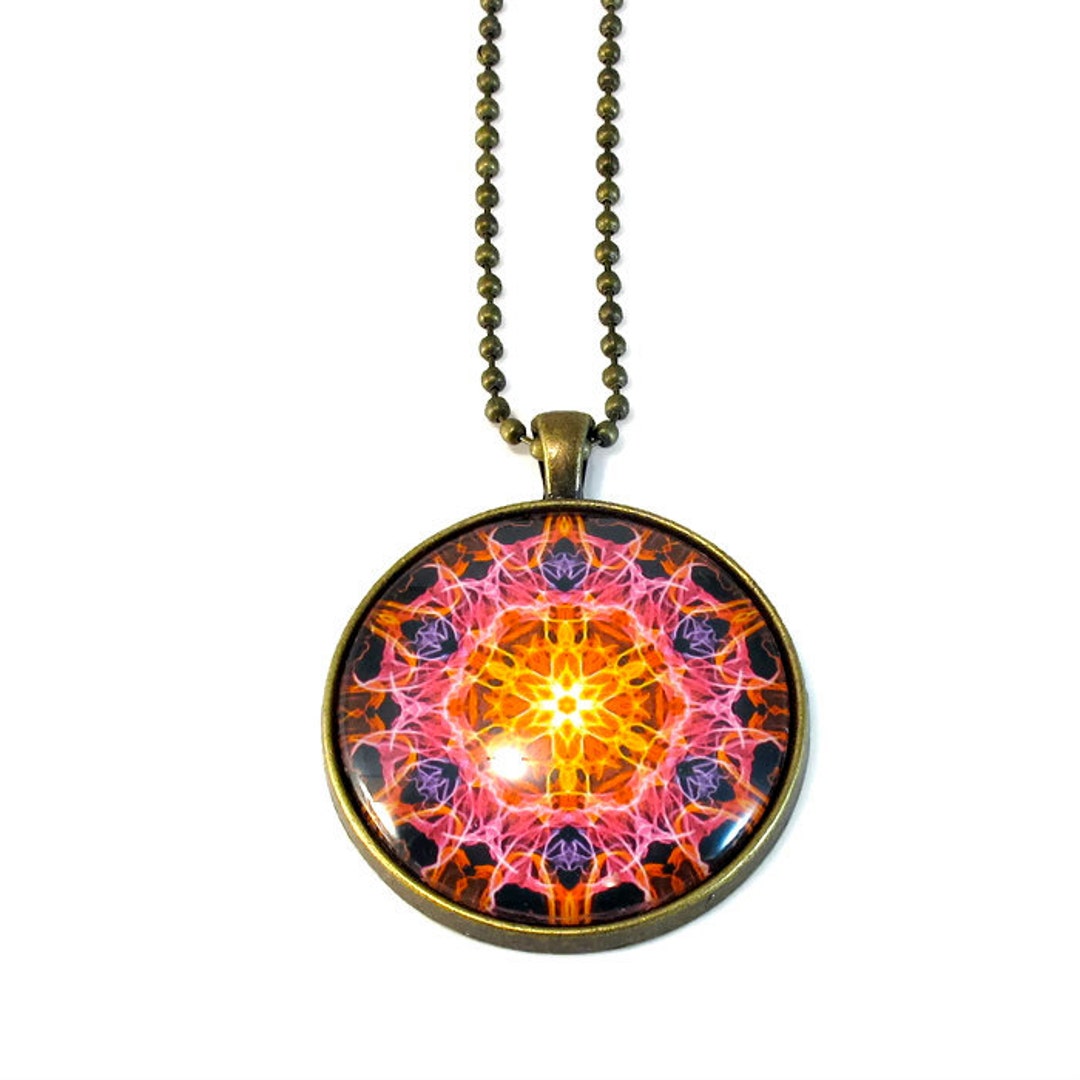 Energizing Fiery Sun Mandala Necklace Pendant, in Pink and Yellow, New