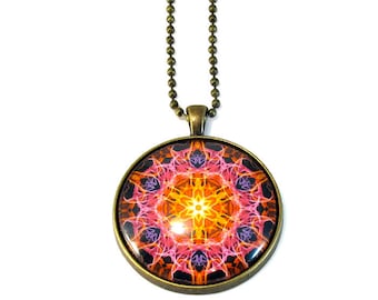 Energizing Fiery Sun Mandala Necklace Pendant, in Pink and Yellow, New Age Jewelry, LARGE