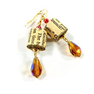 Boucles d'oreilles pendantes en papier recyclé, cadeau pour amoureux des livres Golden crystals