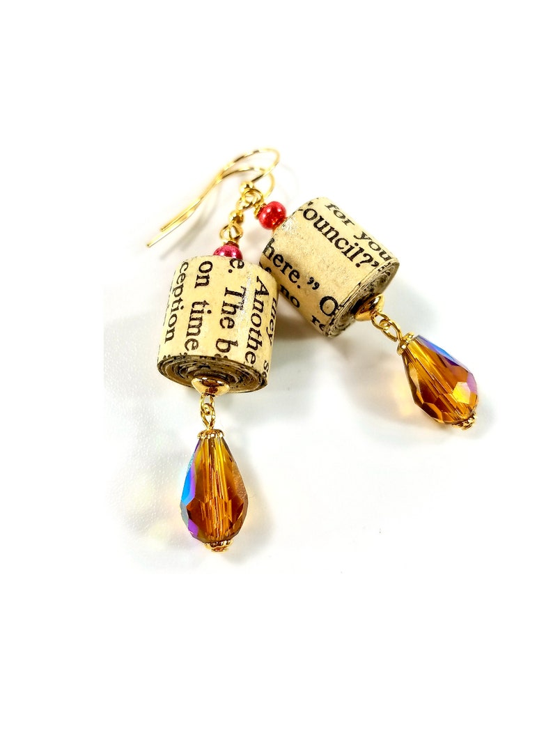 Upcycled Paper Bead Dangle Earrings, Book Lover Gift Golden crystals