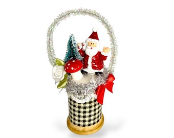 Vintage Wood Spool Christmas Ornament  – Handmade Holiday Shelf Sitter  – Small Basket Decor