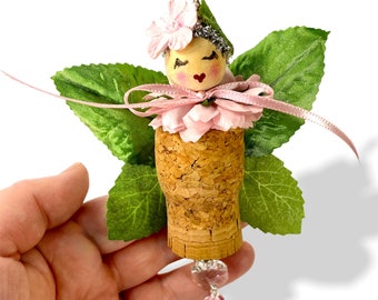 Spring Fairy Ornament, Seasonal Wine Cork Decorations, Leaf Fairies with Pink Flowers