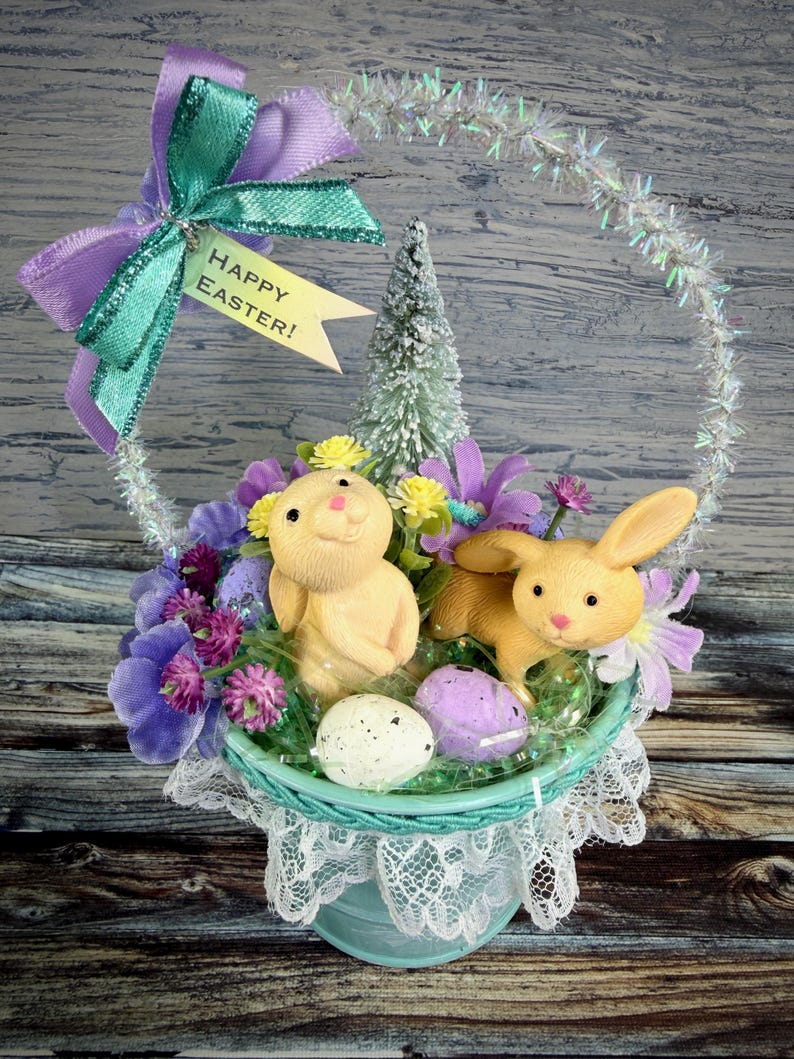Vintage Inspired Easter Decor, Basket Ornaments with Bunnies in Pastel Colors image 14