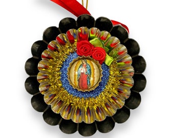 Rustic Tin Ornaments, Mexican Folk Art Inspired Decorations;  Frida, Mary OR Our Lady of Guadalupe