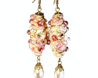 Handmade Fabric Pearl Dangle Earrings, Pink Wedding, Bridal Jewelry