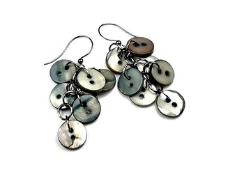 Gray Button Dangle Earrings, Repurposed Vintage Mother of Pearl Buttons, Upcycled Jewelry