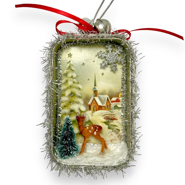 Nostalgic Winter Scene Ornament, Shadowbox Diorama of Fawn in Snow with Bottle Brush Tree in Tin