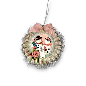retro pink christmas snowmen ornament