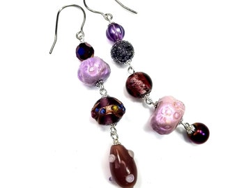 Handmade Long Asymmetrical Mismatched Bead Dangle Earrings Purple