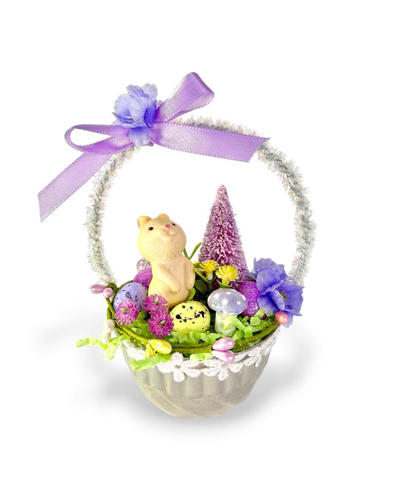 Vintage Inspired Easter Decor, Basket Ornaments with Bunnies in Pastel Colors image 11