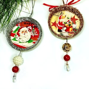 Retro Santa Ornaments, Mason Jar Lid Christmas Decorations in Silver and Gold image 3