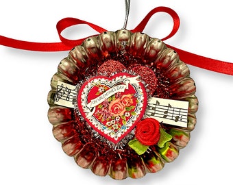 Romantic Valentine Ornament, Upcycled Tart Tin Decoration with Hearts, Gift For Her