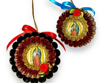 Our Lady of Guadalupe Ornaments, Virgin Mary, Mexican Folk Art Inspired Decor
