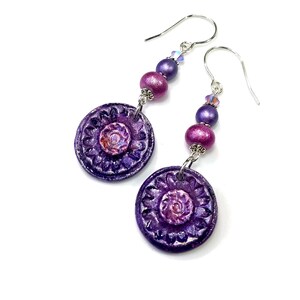 Boho Style Dangle Earrings, Handmade Artisan Clay Jewelry in Purple or Teal Jewel Tones Purple flower