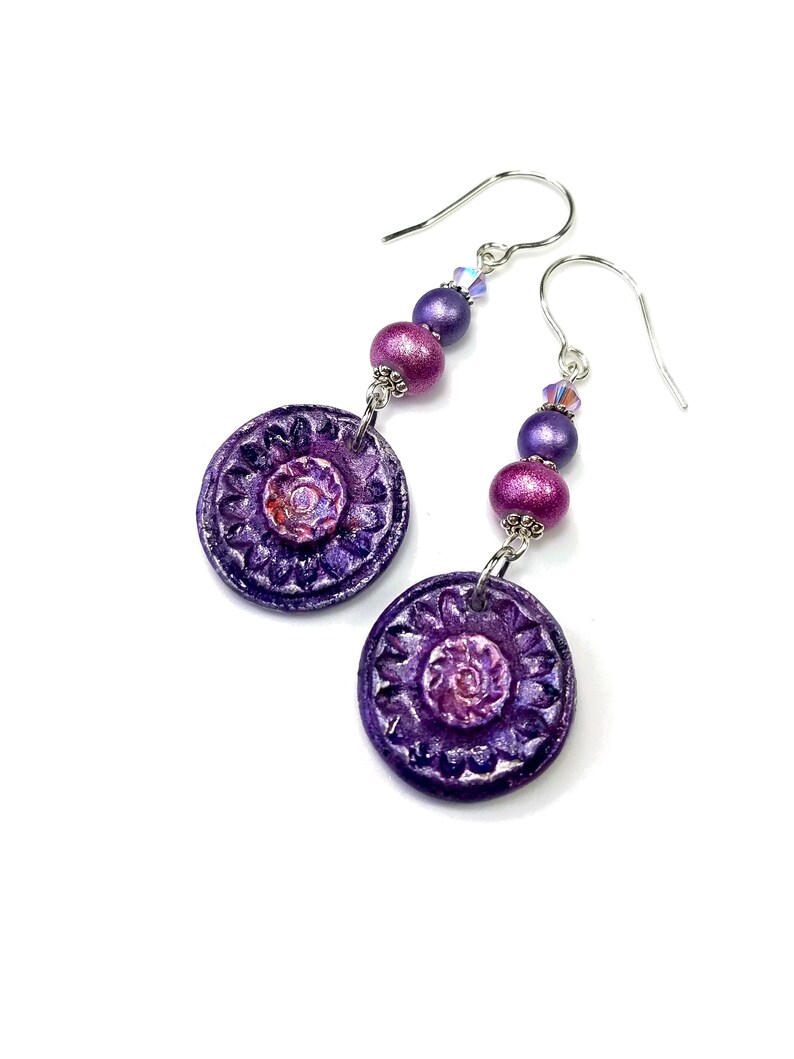 Boho Style Dangle Earrings, Handmade Artisan Clay Jewelry in Purple or Teal Jewel Tones Purple flower