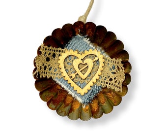 Rustic Farmhouse Valentine Ornament, Heart Tart Tin Decor, Handmade Upcycled Gift