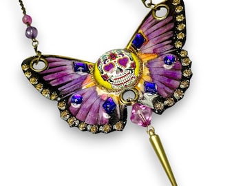 Sugar Skull Butterfly Necklace – Dia de los Muertos Jewelry – Rhinestone Statement Pendant
