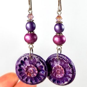 Boho Style Dangle Earrings, Handmade Artisan Clay Jewelry in Purple or Teal Jewel Tones image 5