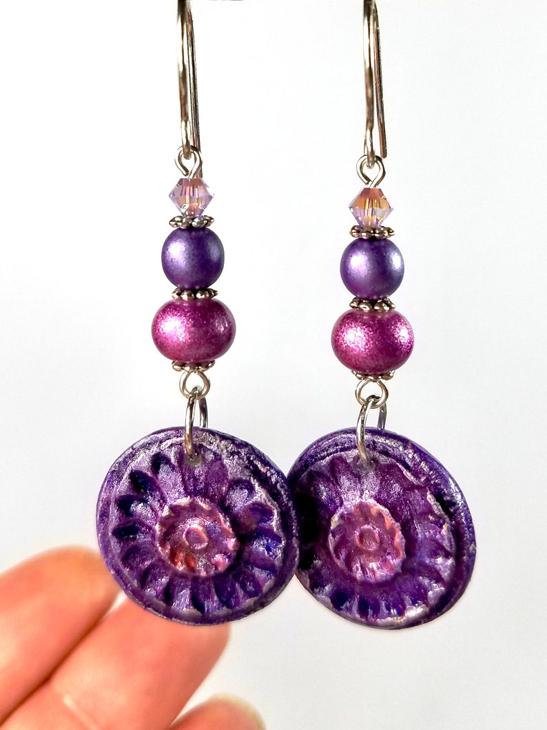 Boho Style Dangle Earrings, Handmade Artisan Clay Jewelry in Purple or Teal Jewel Tones image 5