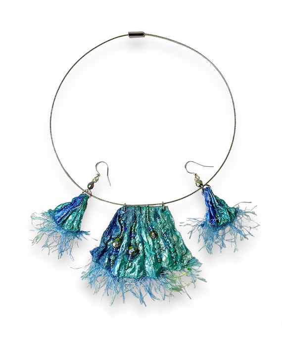 Ocean Inspired Art Jewelry Statement Necklace & Earrings Set - Vibrant Blues, Upcycled Materials
