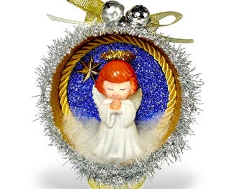 Christmas Angel Ornament, Upcycled Tuna Can, Retro Holiday Decor