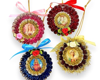 Mexican Folk Art Inspired Ornaments  Festive Holiday Decor, Virgin Mary