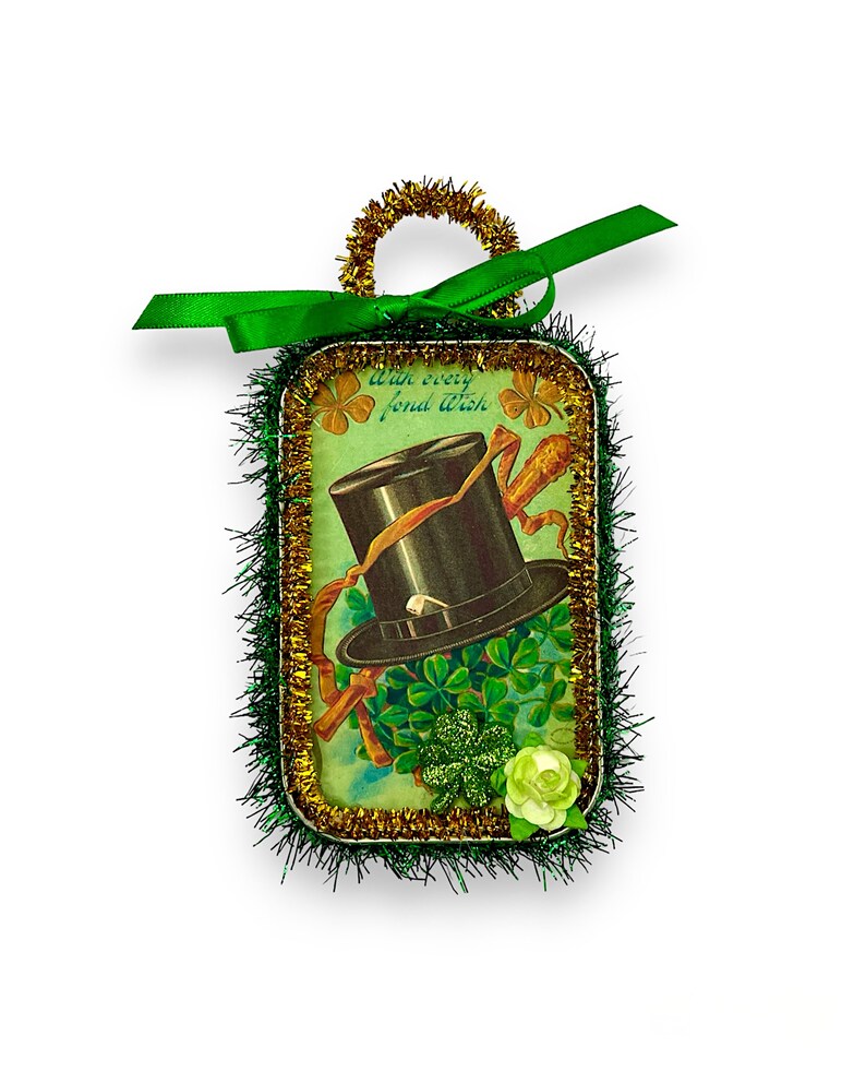 Vintage Style Saint Patricks Day Ornaments, Irish Decorations, Repurposed Tins Leprechaun hat