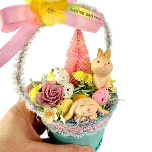 Vintage Inspired Easter Decor, Basket Ornaments with Bunnies in Pastel Colors image 20
