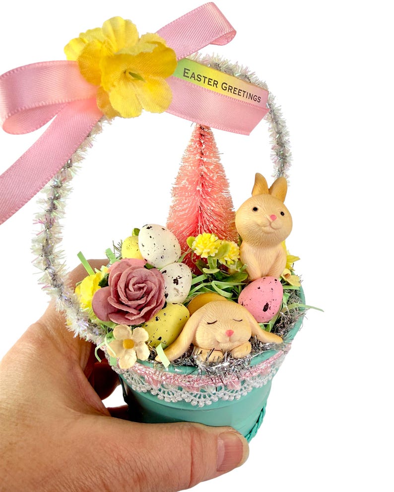Vintage Inspired Easter Decor, Basket Ornaments with Bunnies in Pastel Colors image 20