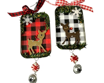 Farmhouse Buffalo Plaid Woodland Reindee Ornament, Upcycled Christmas Decorations