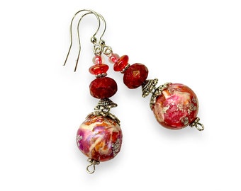 Handmade Bead Dangle Earrings, Boho Style in Red or Purple Lavender