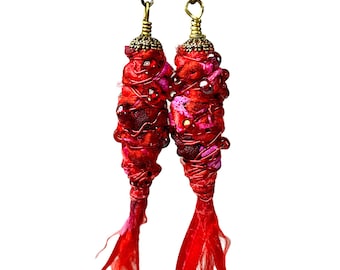 Artsy Red Earrings, Handmade Artisan Jewelry, Upcycled Fabric