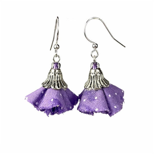 Bell Flower Earrings, Handmade Fabric Floral Dangles, Boho Chic Upcycled Jewelry