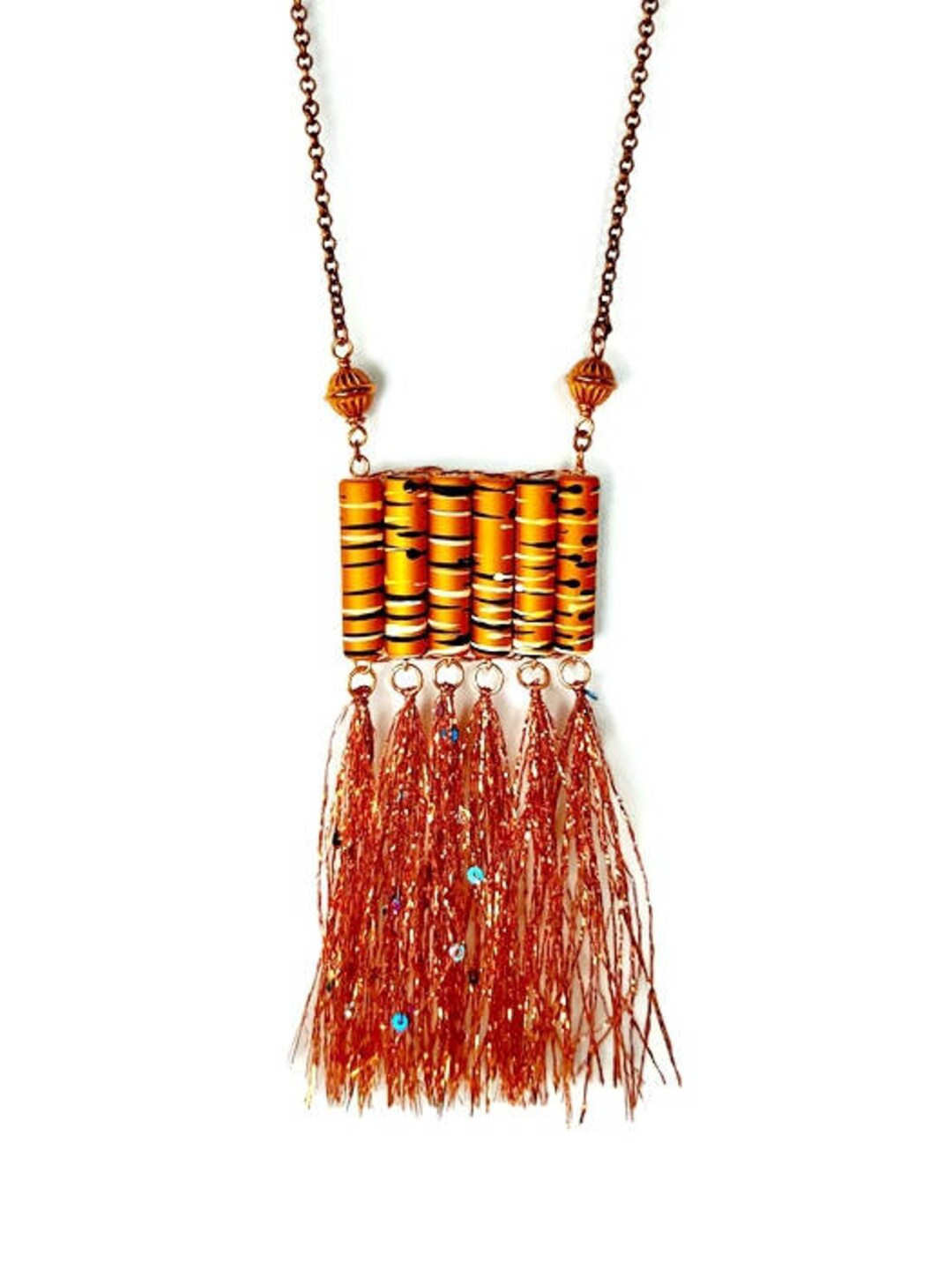 Artsy Long Tassel Necklace in Copper, Gift for Woman, Handmade Artisan