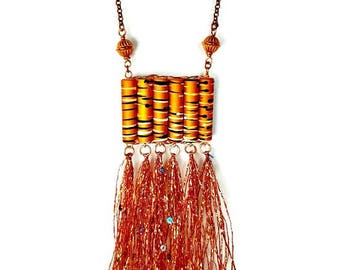 Artsy Long Tassel Necklace in Copper, Gift for Woman, Handmade Artisan Jewelry