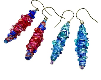 Artisan Bead Dangle Earrings, Fiber Art Jewelry, Repurposed Recycled Upcycled