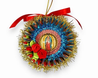 Colorful Tin Ornaments, Mexican Folk Art Inspired Decorations; Mary OR Our Lady of Guadalupe