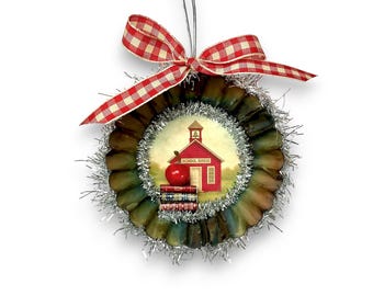 Upcycled Schoolhouse Ornament, Rustic Tart Tin, Gift for Teacher