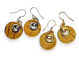 Lightweight Upcycled Wine Cork Earrings with Grommets, Repurposed Jewelry