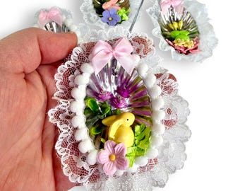 Vintage Inspired Easter Ornament – Upcycled Tart Tin with Lace, Pastel Bunny & Flowers