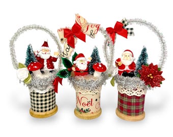 Vintage Wooden Spool Christmas Ornament  – Handmade Holiday Shelf Sitter  – Tiny Basket Decor